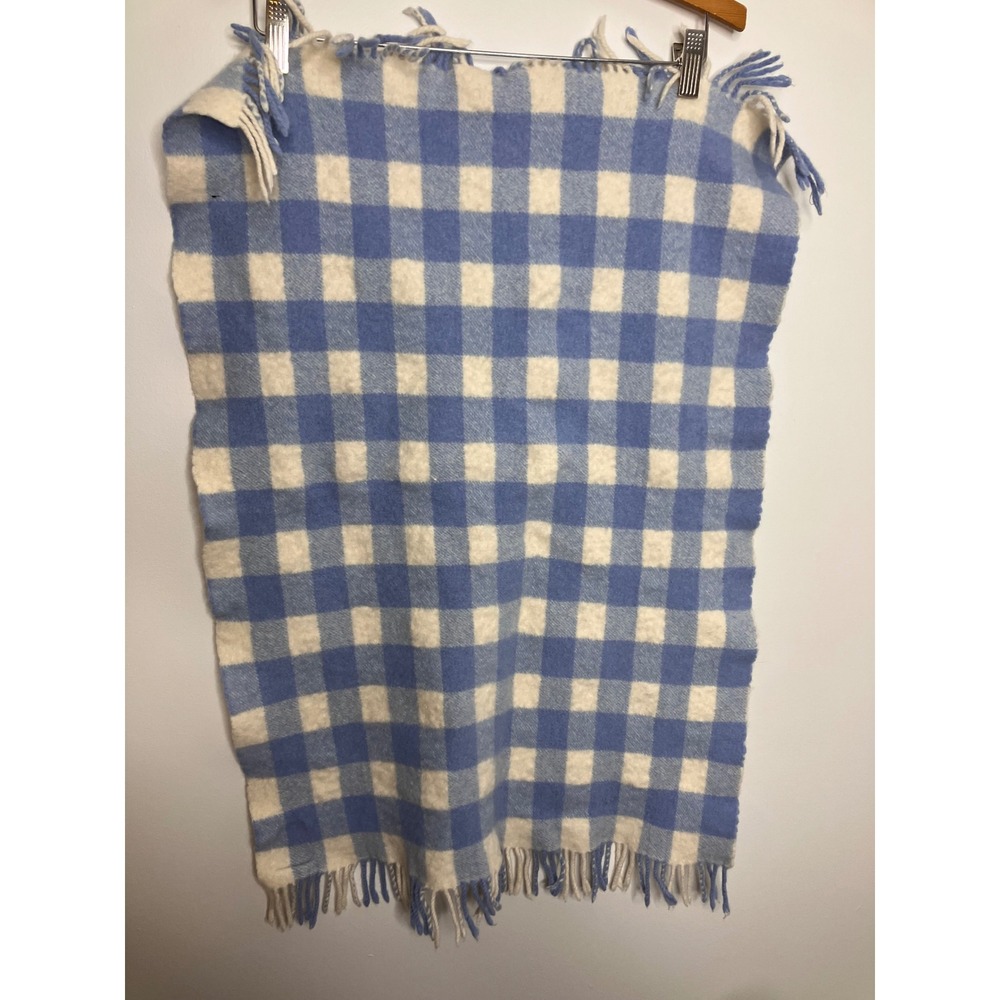 Foxford Baby Blanket Unisex OS Blue Excellent Lambswool Gingham Fringe Ireland